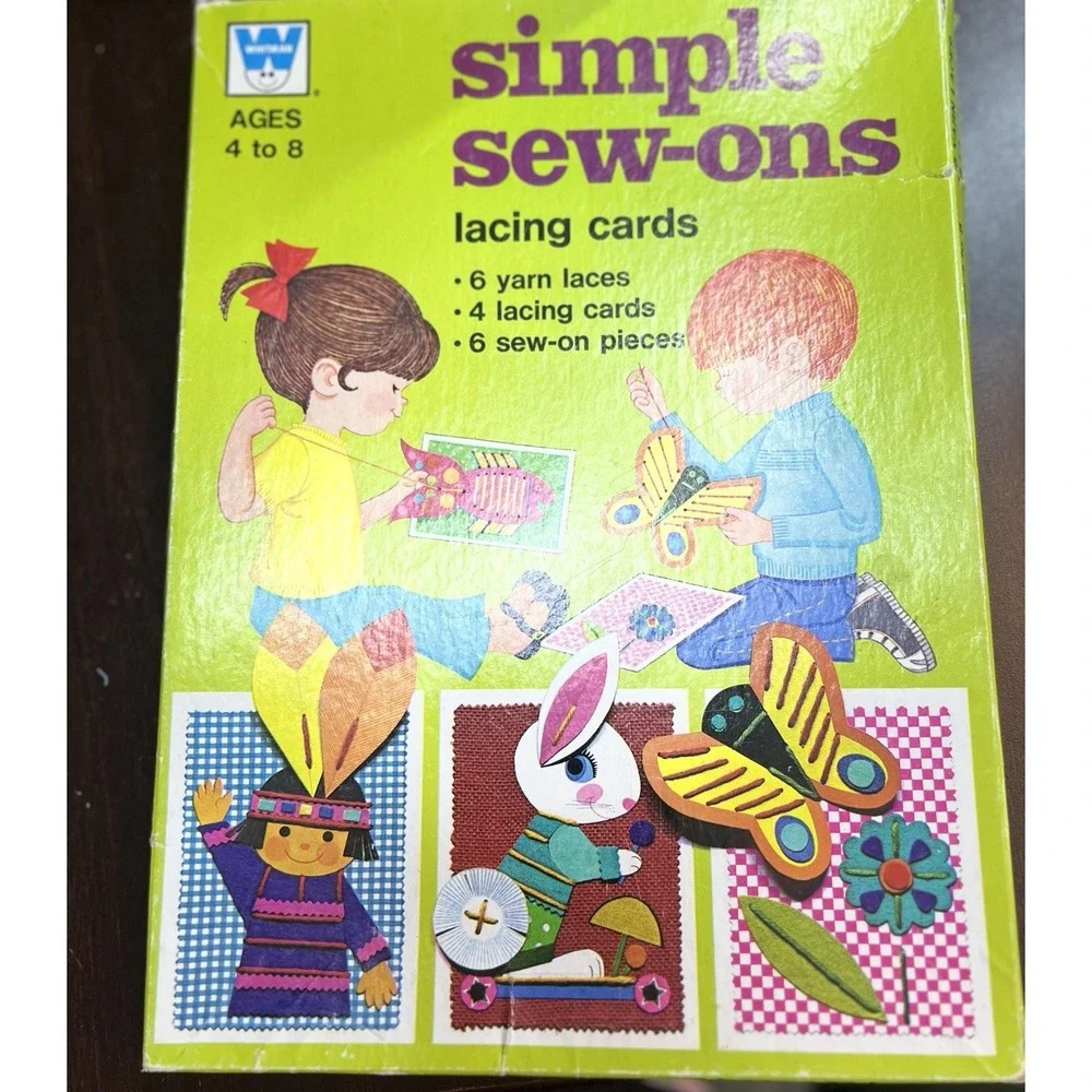 1974 Whitman Simple Sew-Ons‎ Lacing Cards Set Vintage Kids Craft Box **READ